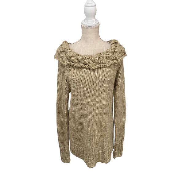 MODA International Chunky Knit Wool Blend Gold Cowl Neck Sweater. Women's XL - Picture 1 of 6